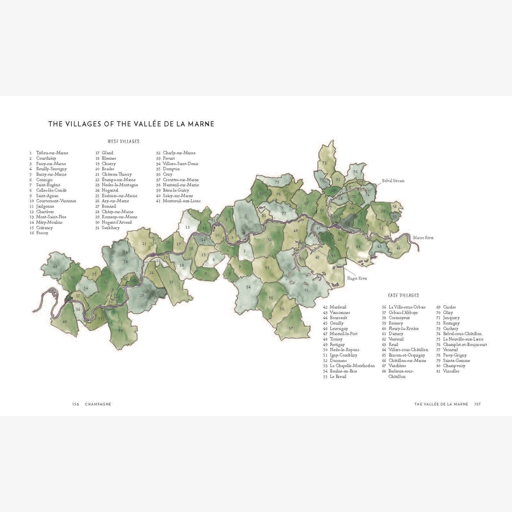 An interior spread, with a map of a champagne-growing region.